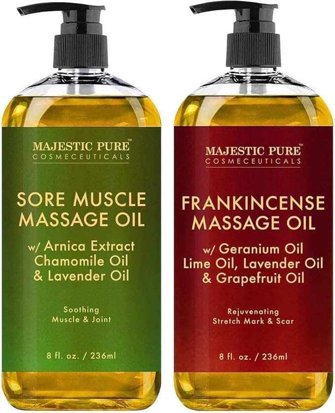 Majestic Pure Sore Muscle Massage Oil and Frankincense Massage Oil Bundle – 8 fl oz Each