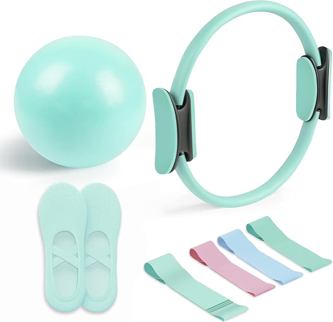 Pilates Essential Kit - Portable Fitness Equipment - with Toning Pilates Ring & Long Resistance Bands & Loop Bands & Soft Ball & Grip Socks