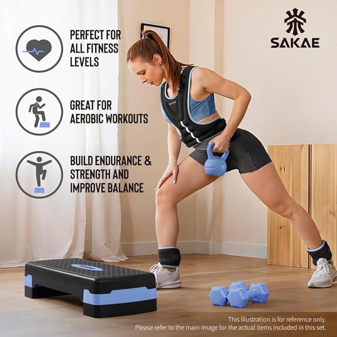 SAKAE Aerobics Step Platform Set with Weighted Vest & Measuring Tape, Adjustable Height 2 Level Risers Workout Step Trainer with Non-Slip Surface, Step Platform for Home Exercise, Multiple Colors