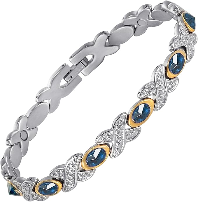Magnetic Bracelets for Women, Stainless Steel Magnetic Bracelet with Blue Stones, Fashion Magnetic Jewelry (0137SGD)