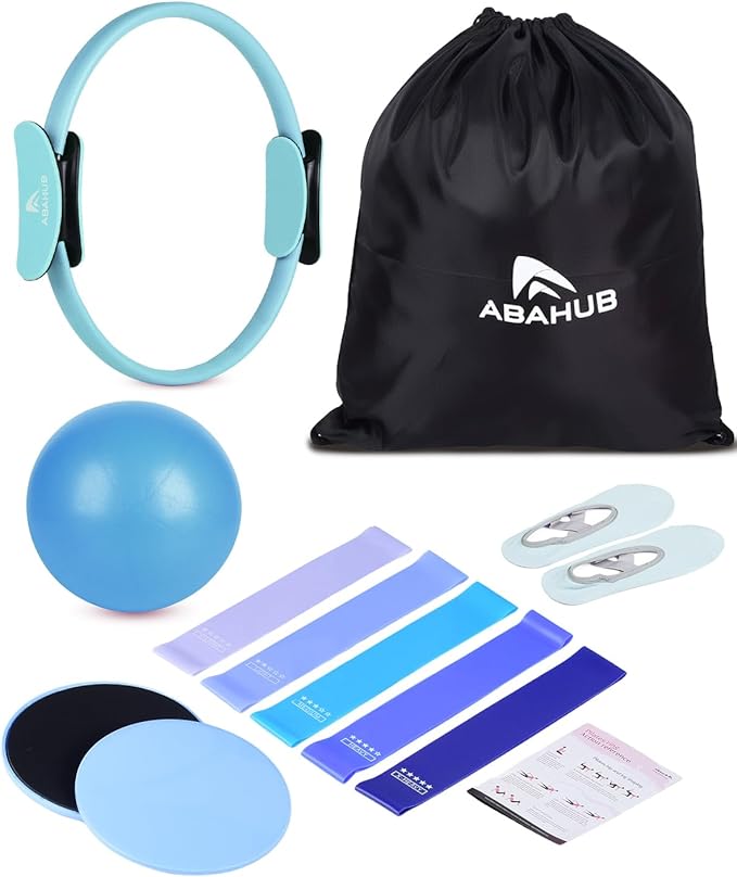 Abahub Pilates Ring Set, Home Workout Pilates Equipment, 14”Magic Circle, Yoga Ball, Resistance Bands, Sliding Disks, Socks, Fascial Ball, Workout Guide & Bag, Blue Set
