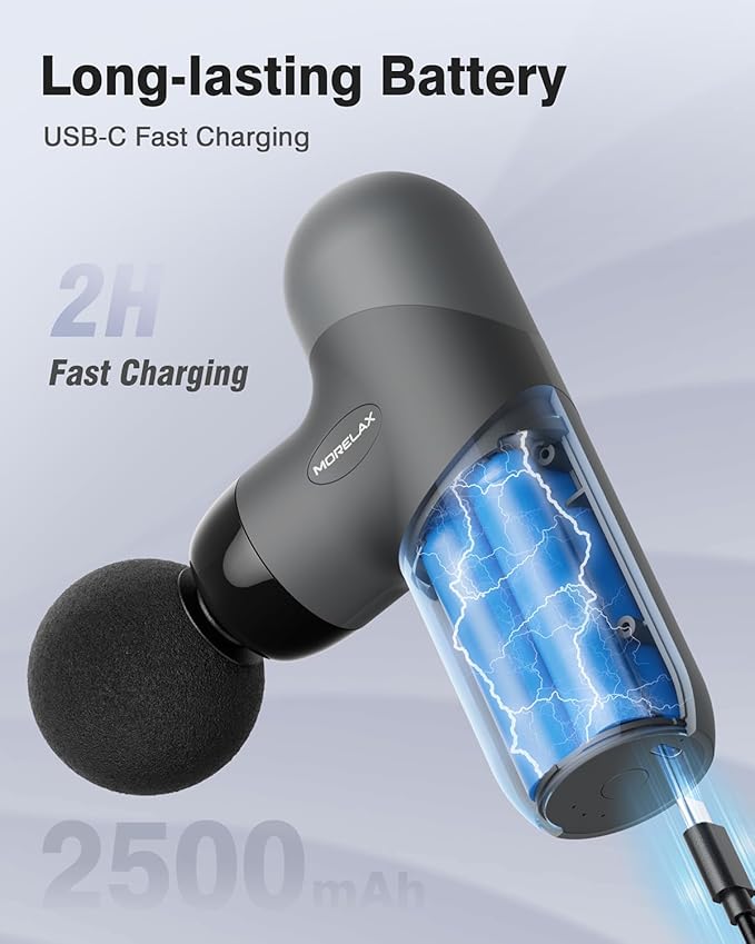 Morelax Mini Massage Gun, Percussion Muscle Massager for Back Pain Relief, Compact Sports Travel Massage Gun with 6 Massage Heads 4 Speeds, Gift for Her, Home, Athletes