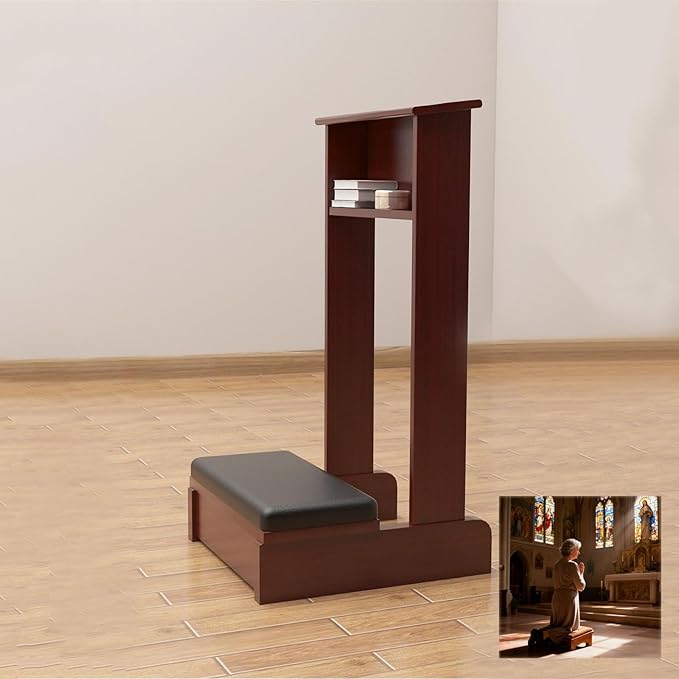 Church Prayer Bench Kneeler Wooden Prayer Kneeler with Book Shelf Prayer Table at Home with Cushion Pad Meditation Stool 20x16.5x33In Kneeling Stool for Religious Gifts(Brown)