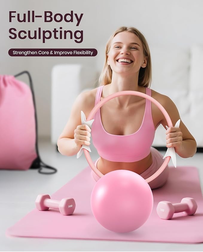 Pilates Ring Set for Women, Home Workout Pilates Equipment with Resistance Bands, 14'' Magic Circle, Mini Ball, Pilates Starter Kit for Strength, Toning and Flexibility