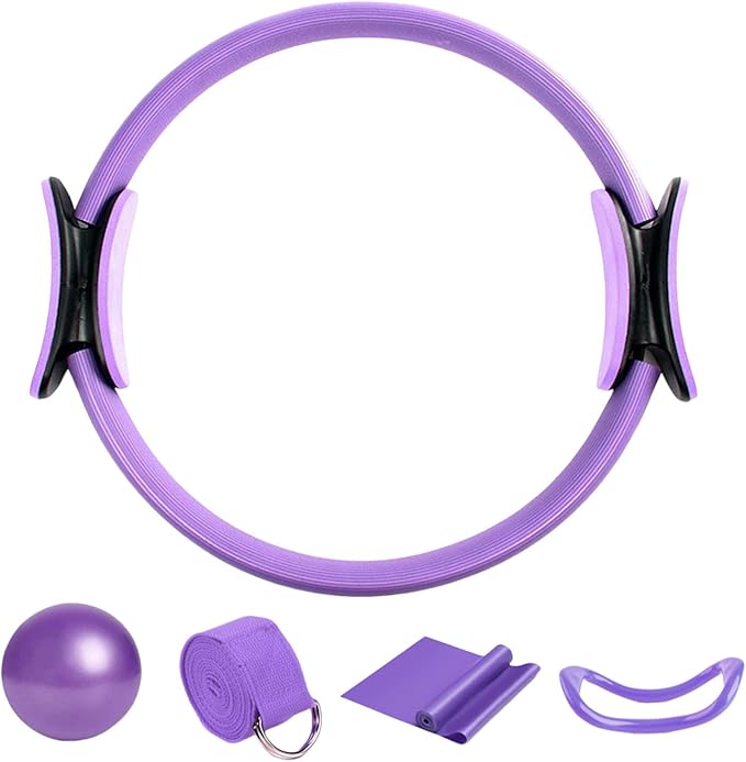 Pilates Circle, 15 Inch Durable 5 Pack Pilates Ring and Ball Set with Resistance Bands,Mini Ball,Magic Circle,Yoga Strap,Pilates Ring Equipment for Body Toning,Home Fitness,Exercise,Workouts