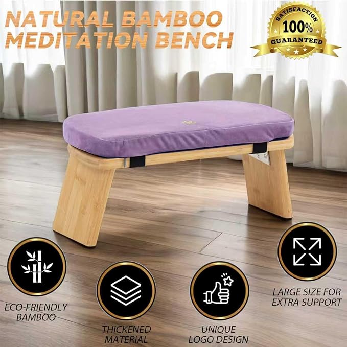 Meditation Bench, Bamboo Meditation Stool, Folding Kneeling Meditation Bench, Seiza Prayer Bench, Prayer Bench with Meditation Cushion, Kneeling Stool (Purple)