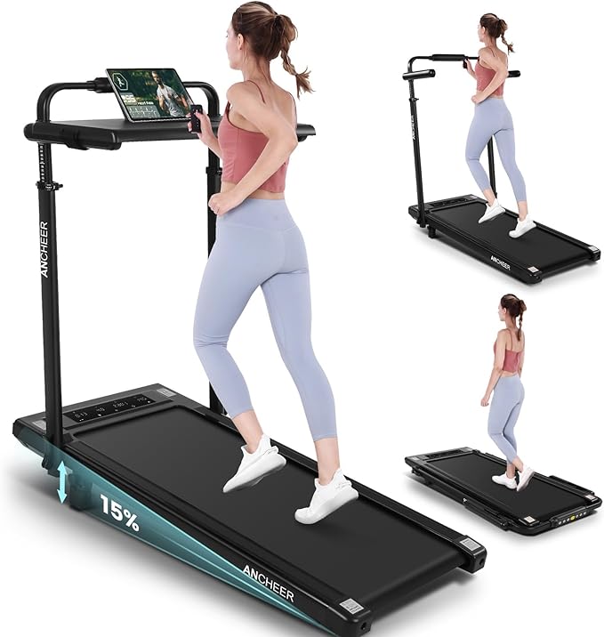 ANCHEER Treadmill with 12%/15% Incline, Folding Walking Pad with Handle Bar, 320-450lb Capacity Under Desk Foldable 3.5HP Treadmills for Home/Office/Gym,Installation-Free