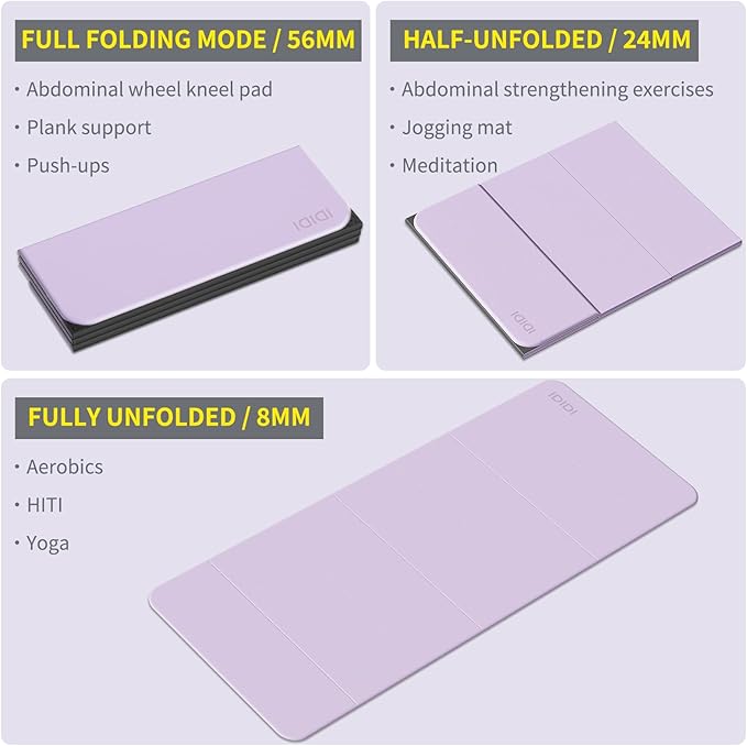 Foldable Yoga Mat Extra Thick & Large (74" x 31.5" x 0.32"), Double-Sided Non Slip & Lightweight Fitness Mat, 8mm Thick Wide Exercise Mats for Woman Man Kids, Portable Workout Mats for Travel, Studio or Home Use