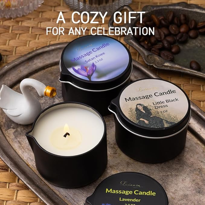 Massage Oil Candle 3 Pack, Amazing Gift Set, Warming Skin Moisturizing Body Lotion Oil, Soy Wax Low Temp Scented Candle 6.9 OZ (Lavender,Little Black Dress,Satan Knee)