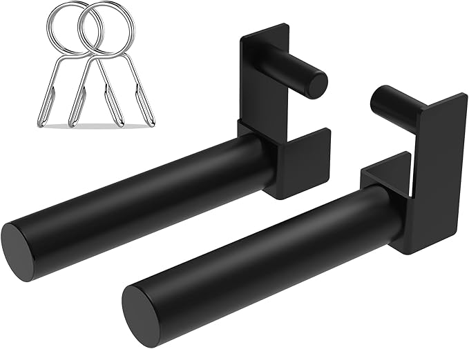 Balelinko Extended 9" Olympic Weight Plate Holder, Weight Plate Storage, Attachment for for 2"x2" Tube Power Cage with 1" Hole, 1 Pair, Bonus a Pair of 2" Spring Clip Collars Rings