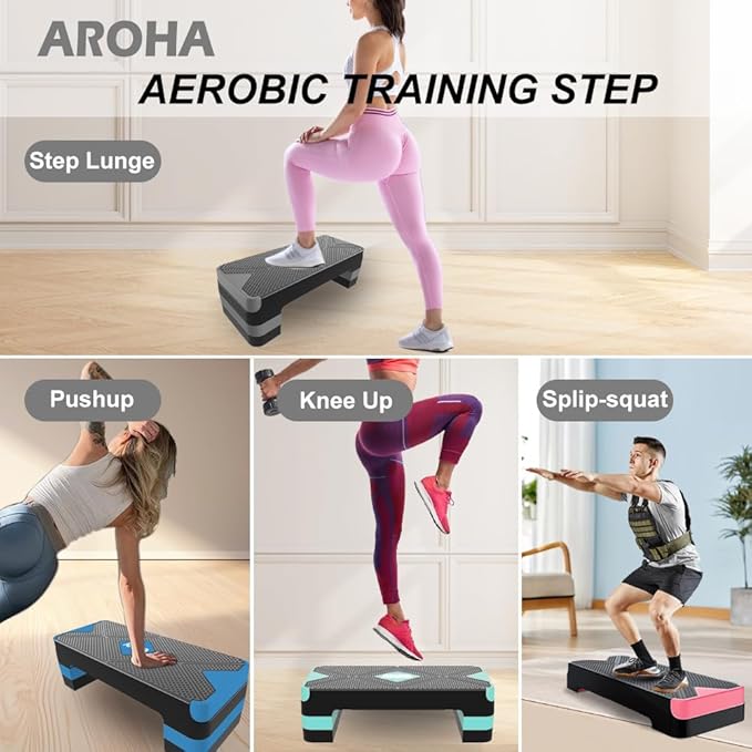 Adjustable Aerobic Exercise Step- Workout Step Platform, 26.5" Step Deck with 4", 6", 8" Height Risers, Women's Home Gym Fitness