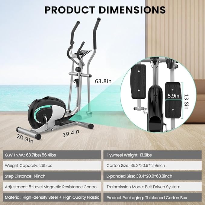 Dripex Elliptical Exercise Machine, Hyper-Quiet Elliptical Machine for Home, Magnetic Elliptical Training Machines with 8-Level Resistance, 6KG Flywheel, Pulse Sensor, LCD Monitor