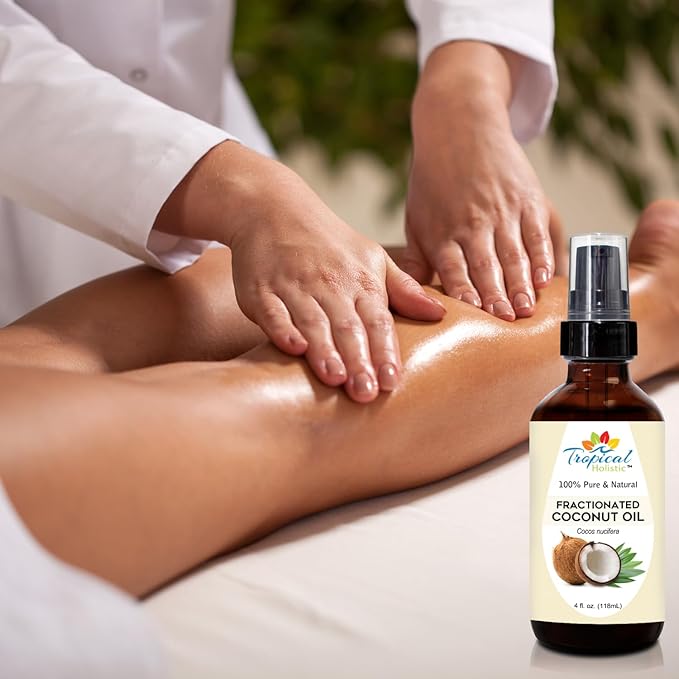 Tropical Holistic Fractionated Coconut Oil 4 oz - 100% Pure Organic Cold Pressed Unscented Liquid Coconut Oil for Skin, Hair, Nails, Massage, Carrier Oil for Aromatherapy, Aceite de Coco
