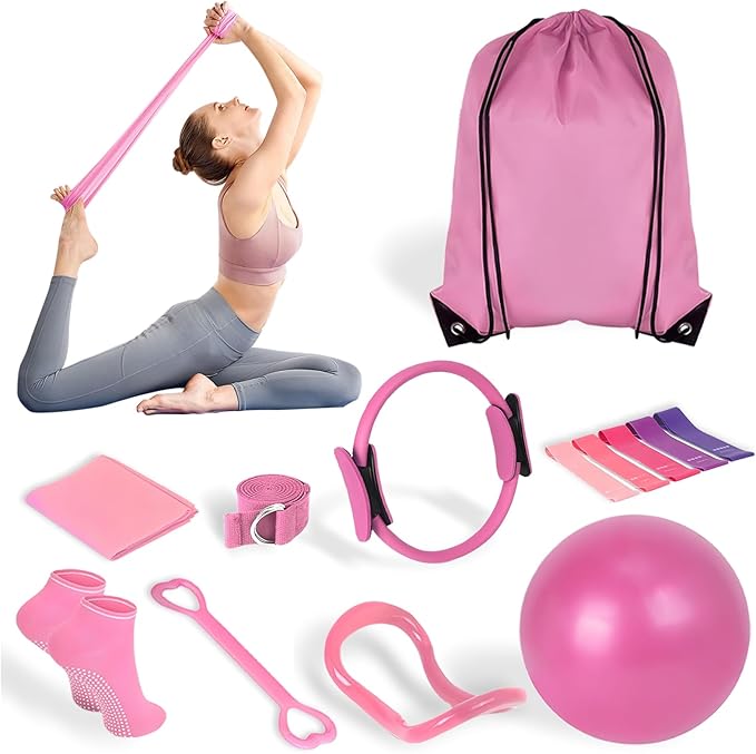 Pilates Kit for Women–13-Piece Beginner Home Pilates Set with 14" Pilates Ring, Mini Exercise Ball, 5-Level Resistance Bands, Yoga Socks, Stretch Strap&Carry Bag Full Body Toning&Core Training