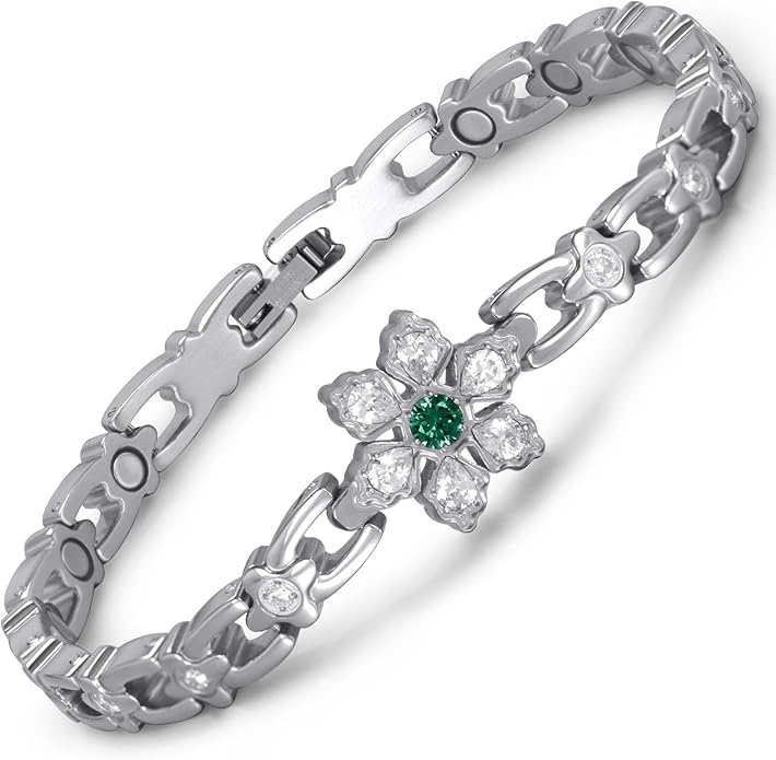 RainSo Women's Magnetic Snowflake Bracelet - Stainless Steel Bracelet - Deep Green Gemstone and Crystal Inlay Design - Adjustable Size Comes with Gift Box -Christmas Holiday Gifts for Her