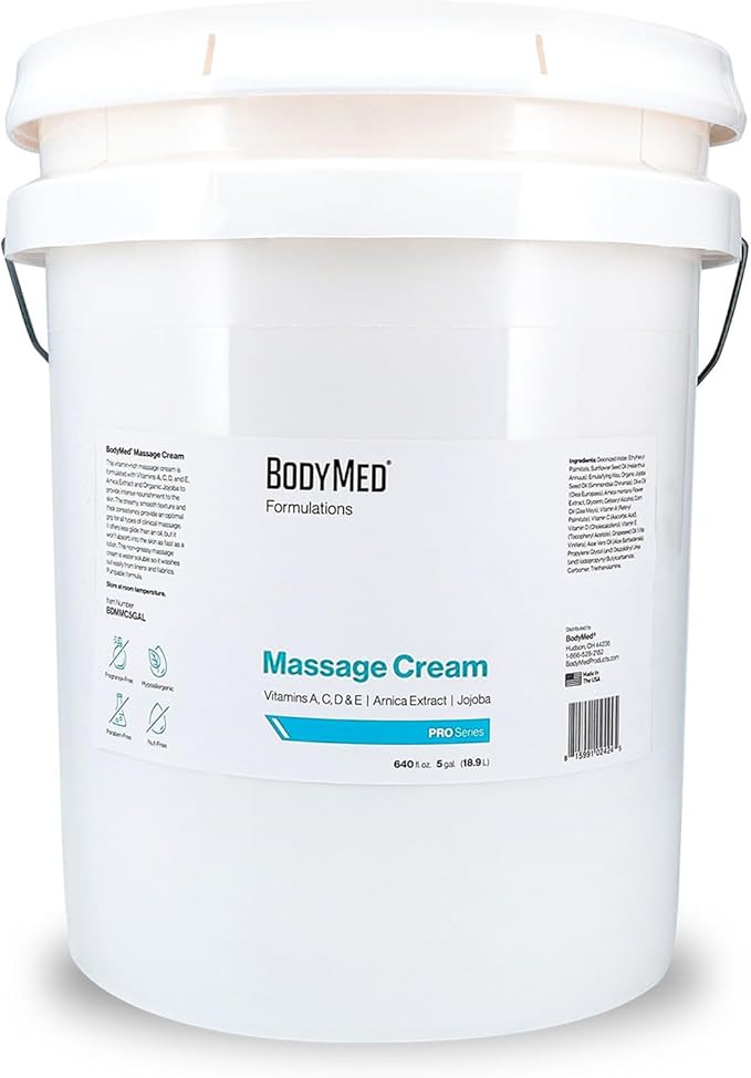 BodyMed Formulations Massage Cream, 5 gal. – Fragrance-Free, All-Natural Cream for Massage Therapy – Leaping Bunny Certified – with Arnica Extract & Jojoba – Non-Staining, & Paraben Free
