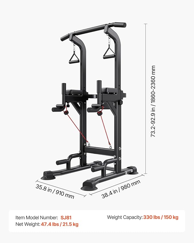 VEVOR Pull Up Bar, 330 LBS Power Tower Dip Station, Workout Dip Station with H-Shaped Stable Base & Back Pad, Adjustable 12 Level Height Free Standing Chin Up Bar for Back, 4-Level Adjustable Back Pad