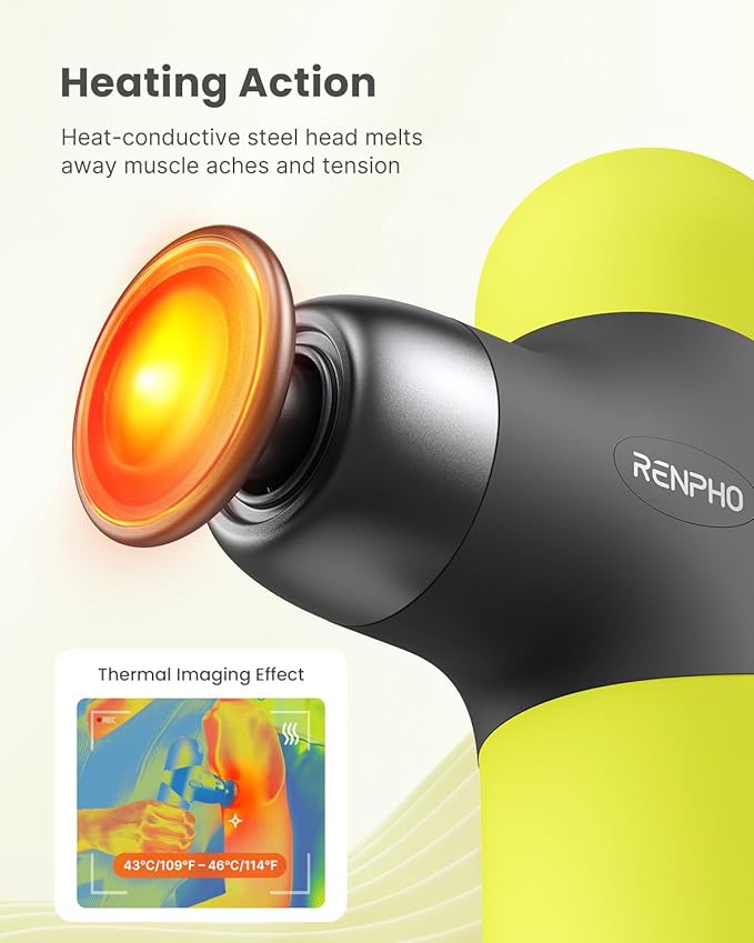 RENPHO Mini Thermal Massage Gun with Heat, Portable Deep Tissue Percussion Massager with 4 Heads for Neck & Back Comfort, Ultra-Quiet Operation for Home, Office & Travel, Includes Compact Carry Case