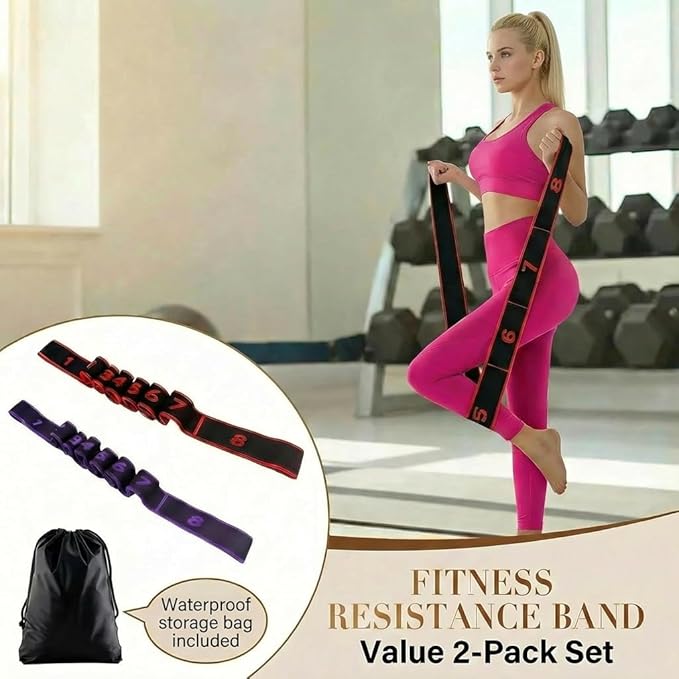 2Pcs Fitness Resistance Band for Stretching and Yoga, Numbered Resistance Band with Loops & Waterproof Portable Bag, 8 Segment Elastic Strap for Pilates, Dance & Physical Therapy