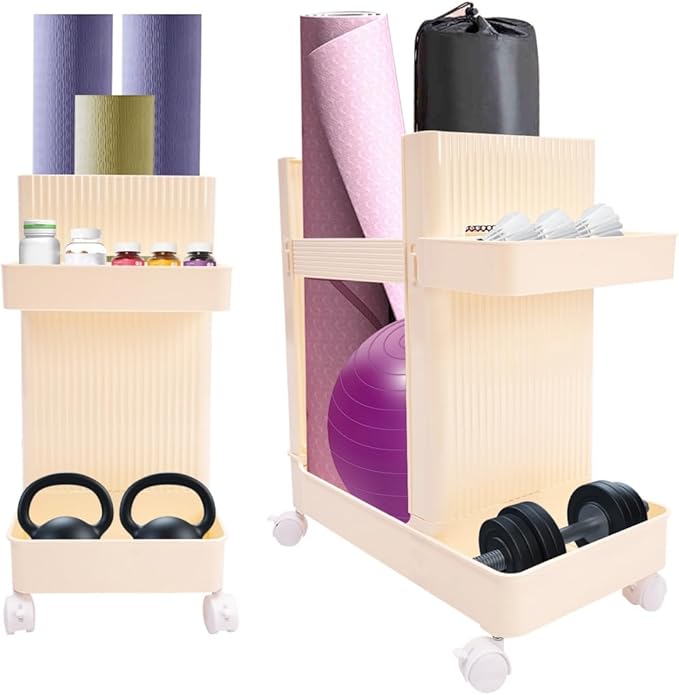 Home Gym Storage,2 Tiers Workout Equipment Organizer with Wheels Workout Equipment Storage Organizer Yoga Mat Storage Racks Home Gym Storage Rack for Yoga Mats, Foam Roller, Dumbbells
