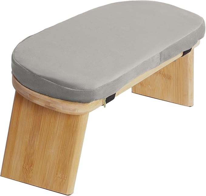 Meditation Bench, Portable Bamboo Meditation Bench Ergonomic Meditation Stool Comfortable Folding Kneeling Meditation Bench with Meditation Cushion for Longer Meditation (Gray)