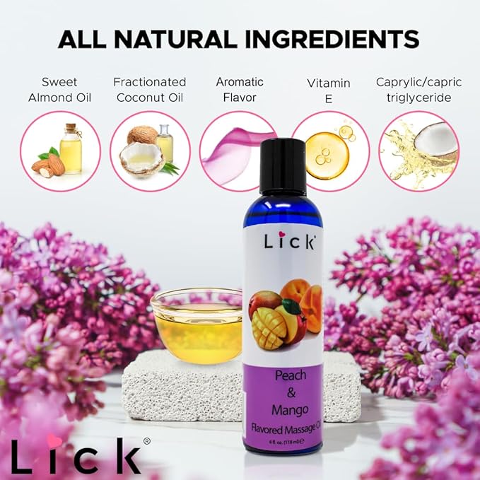 Lick Peach Mango Flavored Massage Oil – Juicy Tropical Blend Edible Massage Oil with Vitamin E, Lightweight Smooth Glide for Couples Massage & Sensory Play, 4 oz