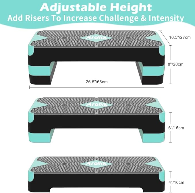 Adjustable Aerobic Exercise Step- Workout Step Platform, 26.5" Step Deck with 4", 6", 8" Height Risers, Women's Home Gym Fitness