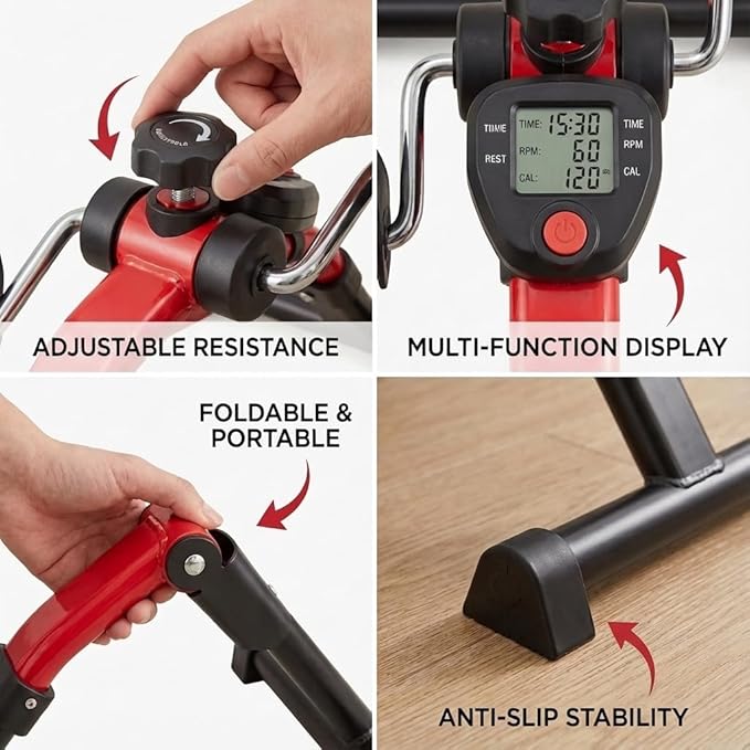 NOVA Medical Products Pedal Exerciser with Digital Display Tracker, Foldable Hand and Foot Cycle Exerciser, Great for Home, Office or Travel, Red