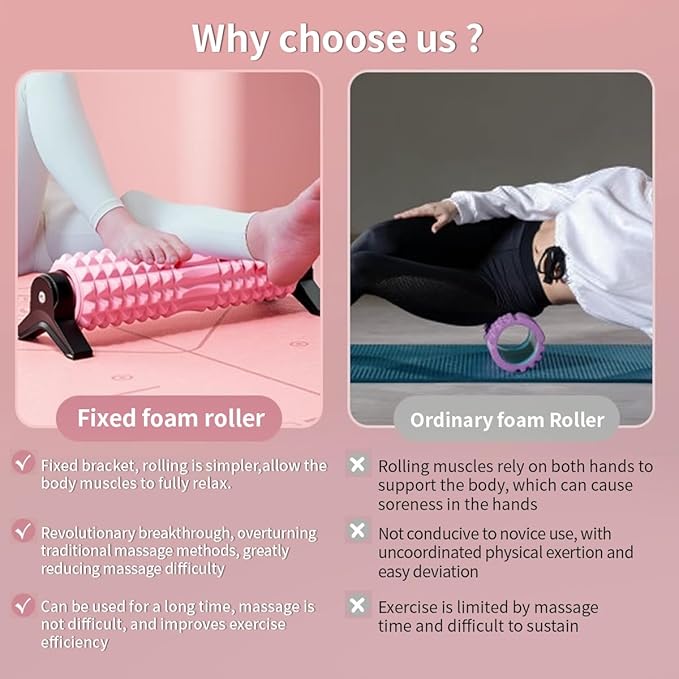New Upgrade Bracket Foam Roller with Stand for Back Leg Pain, 21 Inch Firm Deep Tissue Muscle Massager for Sore Muscles (Pink)