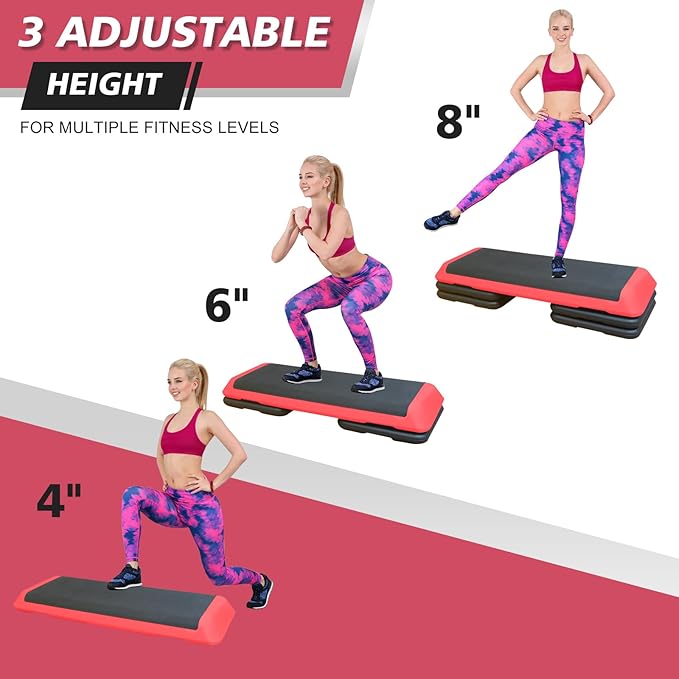 43''Inch Adjustable Aerobic Exercise Step Platform with 4 Stackable Risers - Home Gym Fitness Stepper for Cardio, Strength Training