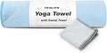 YESLIFE Non-Slip Extra Thick Hot Yoga Towel with One Sweat Towel, Microfiber Sweat Absorbent Yoga Mat Towel with Grip Dot, Pilates Mat, 72" x 24", Light Blue