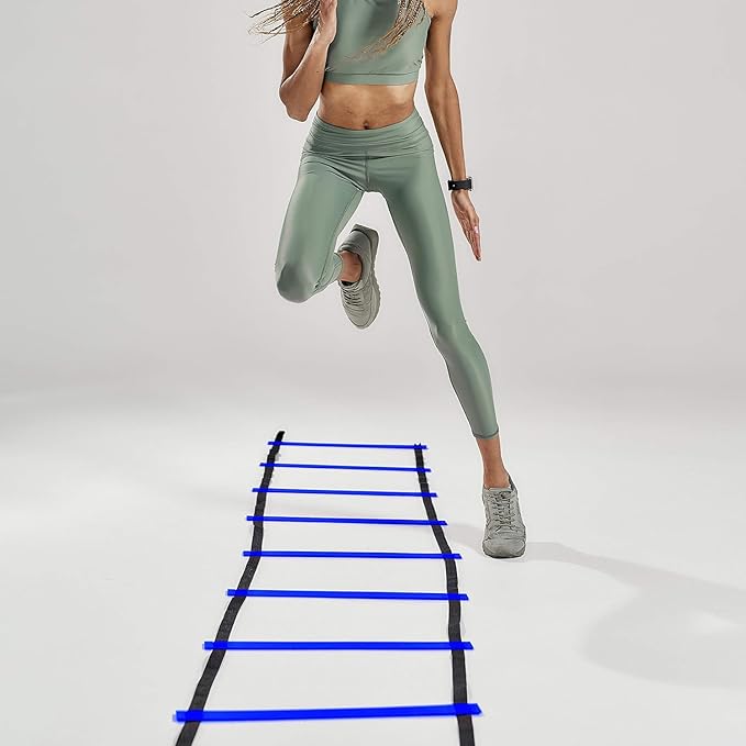 Myosource Kinetic Bands Quick Step Speed & Agility Training Ladder Plus 16 Training Cones - 15 feet Long 20 inches Wide 11 Detachable Rungs All Sports and Fitness Training (Blue Ladder & Cones)