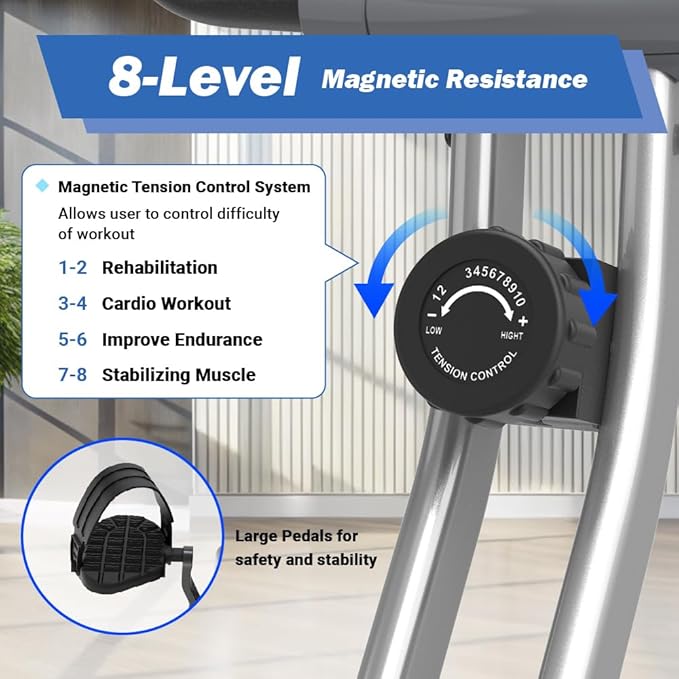 Exerpeutic Foldable Exercise Bike, 8 levels of Resistance Stationary Bicycle with Airsoft Seat, LCD Display to Track Distance, Calories, Time and Speed