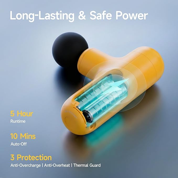 Super Mini Massage Gun Deep Tissue, Handheld Muscle Massager with 4 Heads, Percussion Travel Size Massager Gun for Men & Women Back Pain Relief, Quiet for Home, Gym, Office, Yellow