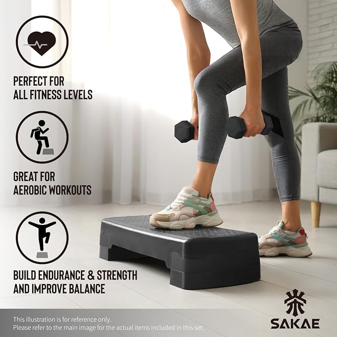 SAKAE Step Aerobics Platform Set with Dumbbells & Measuring Tape, Aerobic Steppers for Exercise at Home, Adjustable Height 2 Level Risers Workout Step Trainer with Non-Slip Surface, Multiple Colors