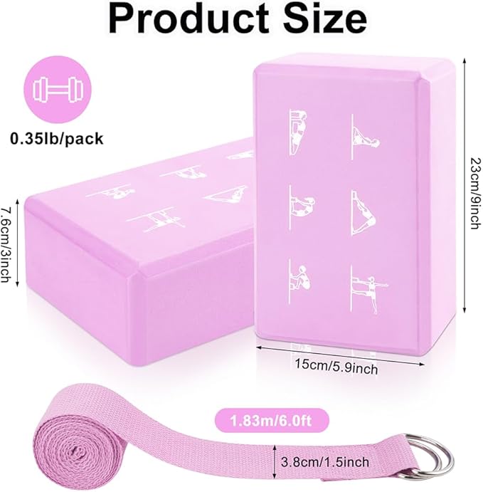 2 Yoga Block and 2 Yoga Strap Set,Non-slip EVA Foam Blocks, High Density Yoga Bricks with 6ft Strap, Supportive Latex-Free Yoga Block Accessories for Pilates