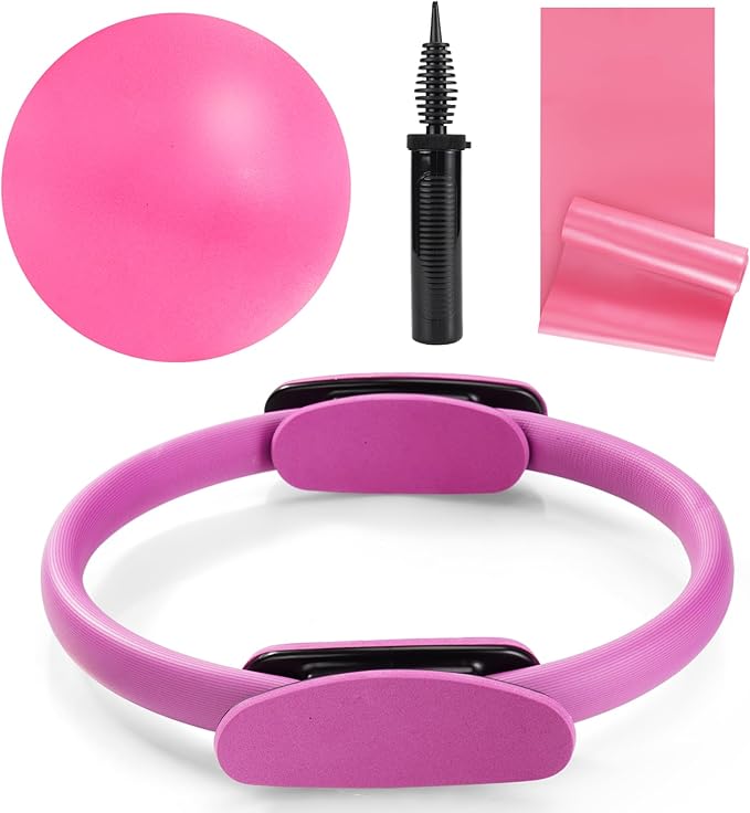 Tsikavo Pilates Ring, Pilates Ring Circle and Ball Set, 12 Inch Magic Circle Pilates Ring,9 Inch Small Exercise Ball,Resistance Bands Set, Home Pilates Equipment for Women