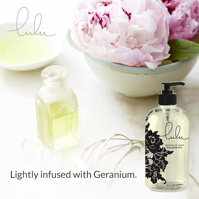 Lulu Geranium Massage Oil with Sweet Almond & Jojoba Oils Lightweight Non-Greasy Body Oil for Smooth Skin & Relaxation joint and muscle Aromatherapy for Couples Massage & Massage Therapy 16 fl oz Pump