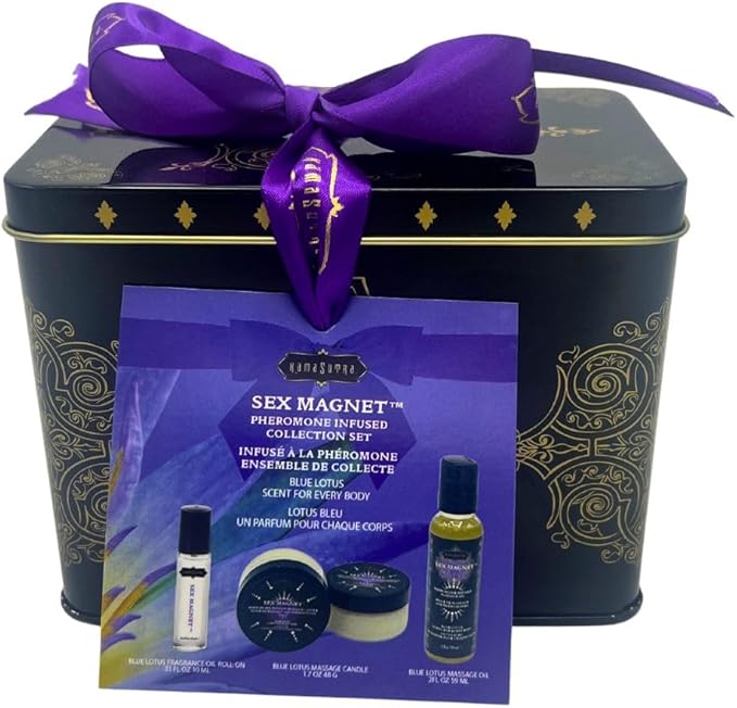 3 Piece Set Pheromone Infused Collection Set, Pheromone Infused Massage Oil - Unisex Blue Lotus Scent - Massage Oil Candle, Roller Ball, Complete Pheromone Collection Set in Gift Tin (Blue Lotus)