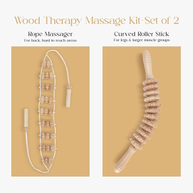 Wood Therapy Massage Tools - Lymphatic Drainage Curved Roller Stick, Neck Massager, Foam Roller, Back Scratcher, Rope Massage Kit for Deep Tissue and Back Relief