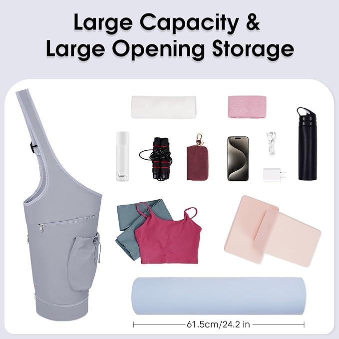 sportsnew Yoga Mat Bag, Large Opening Long Tote Yoga Mat Carrier Holder Bag with Waterproof Wet Pocket and Drawstring Water Bottle Pocket, Adjustable Shoulder Strap Storage Bag, patent pending