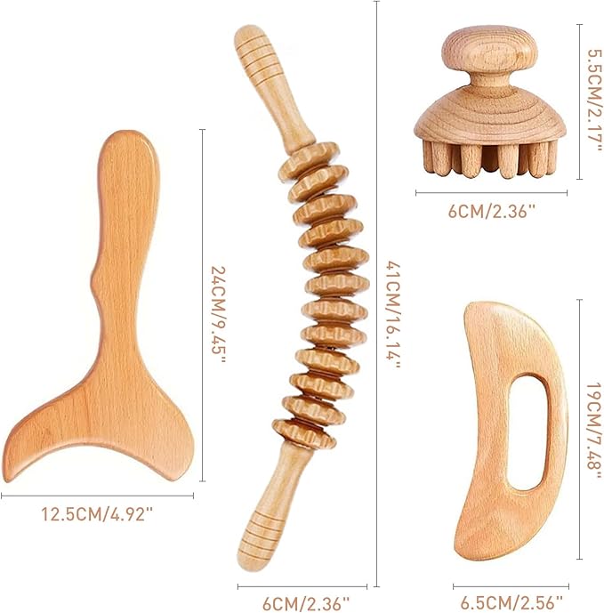Wood Therapy Massage Tools 4-in-1 Lymphatic Drainage Massage Maderoterapia Kit Wooden Massager Body Sculpting Tools for Muscle Pain Relief, Anti-Cellulite Body Shaping