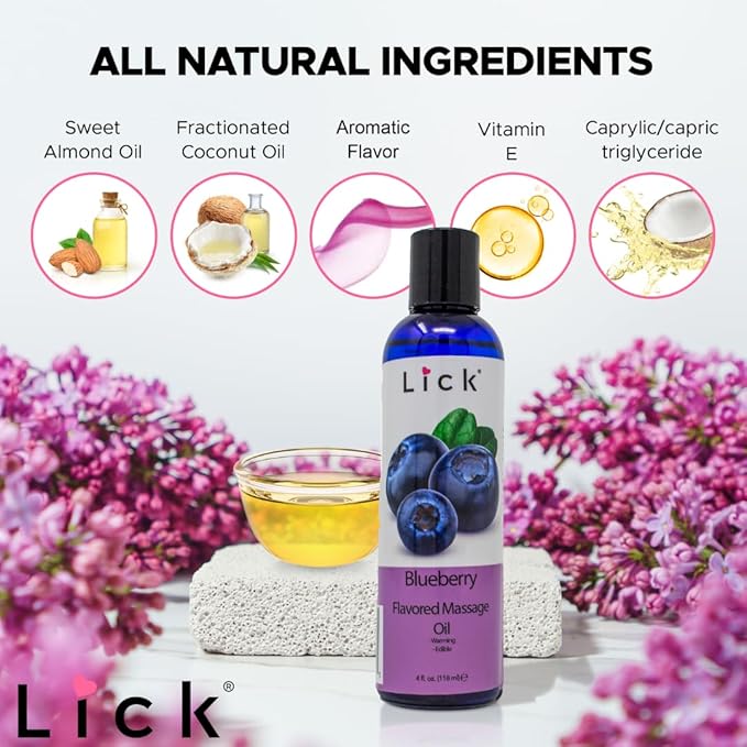 Lick Blueberry Flavored Massage Oil – Sweet Berry Edible Massage Oil with Sweet Almond Oil & Vitamin E, Lightweight Smooth Glide for Couples Massage & Play, 4 oz