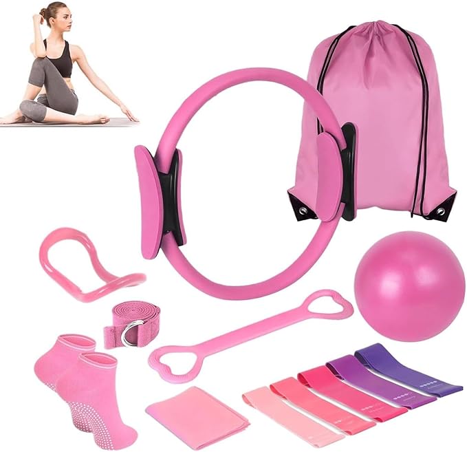 Pilates Essentials Kit for Women Set of 13, Yoga Sets at Home, Includes Pilates Ring, 8-Shaped Tension Band, Yoga Ball - Perfect for Women's Home Workouts & Beginners