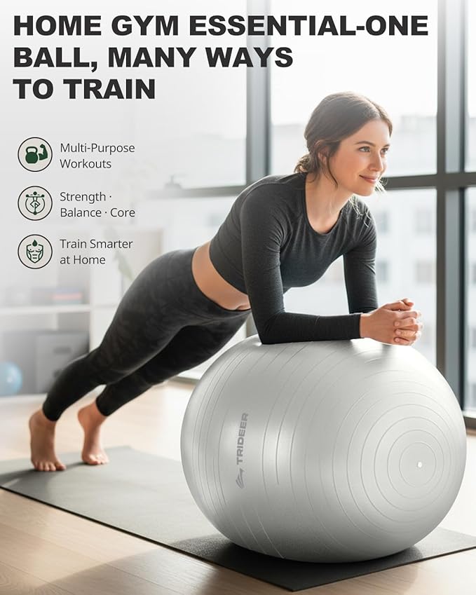 Trideer Exercise Ball for Yoga, Pilates & Fitness – Stability Ball Equipment for Home Gym & Office Chair, Core & Balance Training Accessories, Physical Therapy Equipment, Quick Pump Included, 5 Sizes