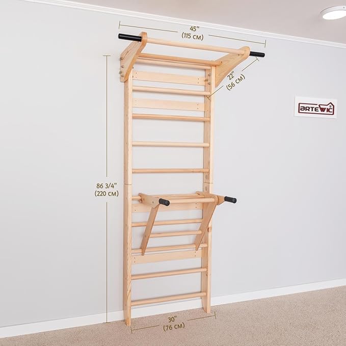 Swedish Ladder Wall Bars with Pull-Up Bar & Dip Station – Wooden Stall Bars, Multifunctional Home Gym Wall Ladder for Strength Training & Stretching