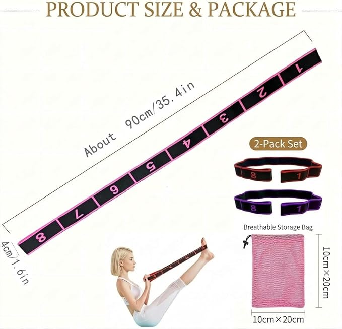 2 Pcs Fitness Resistance Band for Stretching and Yoga, Numbered Resistance Band with Loops & Breathable Mesh Bag, 8 Segment Elastic Strap for Pilates, Dance & Physical Therapy