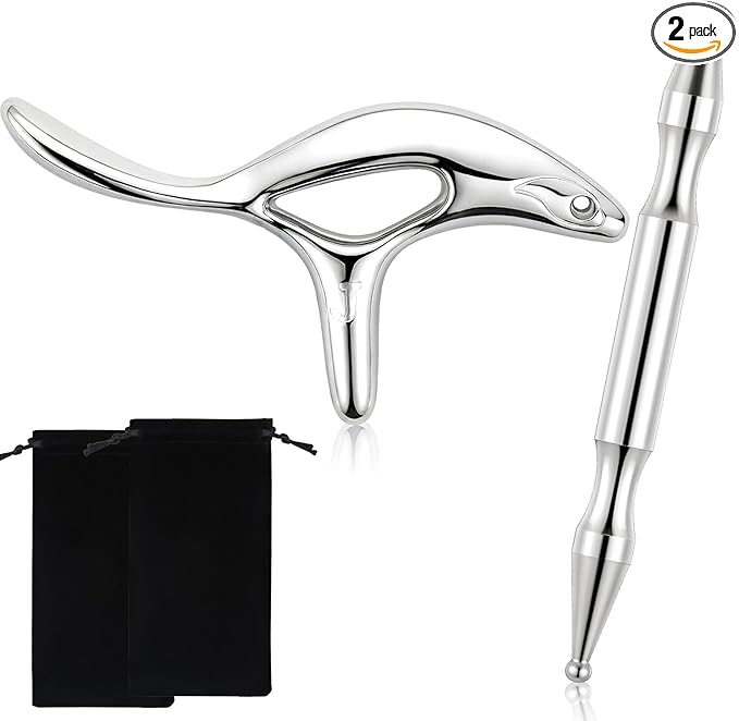 2 Pcs Trigger Massage Tool Acupuncture Pen Gua Sha Massage Scraping Tool Manual Reflexology Body Point Deep Tissue Muscle Scraper Massager for Head Neck Hand Waist Calf Foot(Silver,Large)