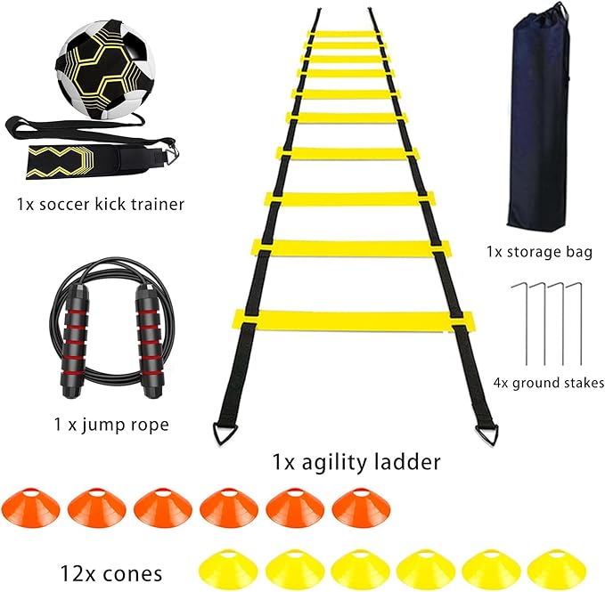 Agility Training Set for Soccer & Football - 20FT Speed Ladder, 12 Cones, and Training Aids for Kids Youth Sports Practice, Footwork Drill Kit