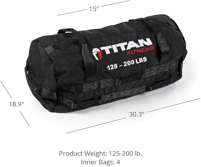 Titan Fitness 125-200 LB PRO Strongman Sandbags, Double Layer, 1050D Cordura, Black, Carry Home Gym Training